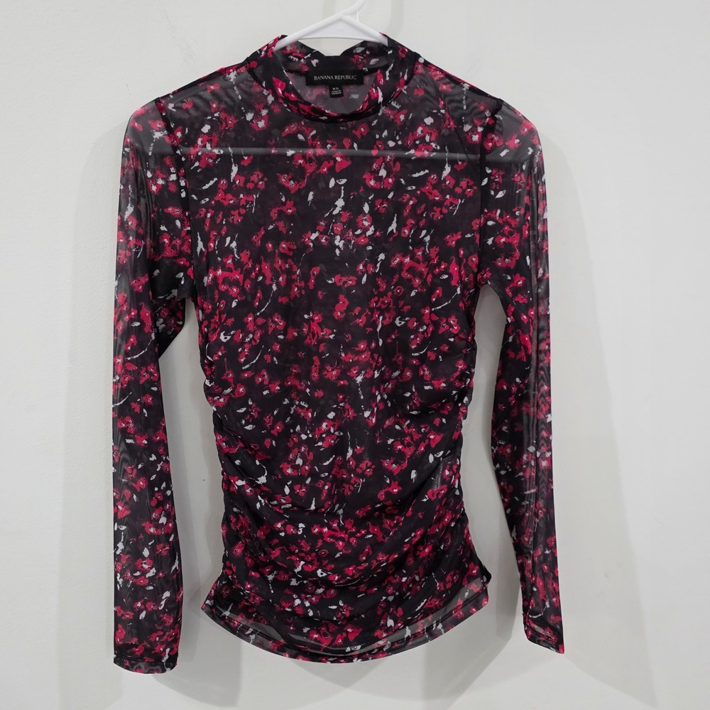 Banana Republic Womens Floral Mesh Top Size XS Black Pink Ruched Mock Neck